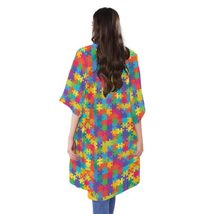 Colorful Autism Awareness Jigsaw Print Open Front Beach Cover Up