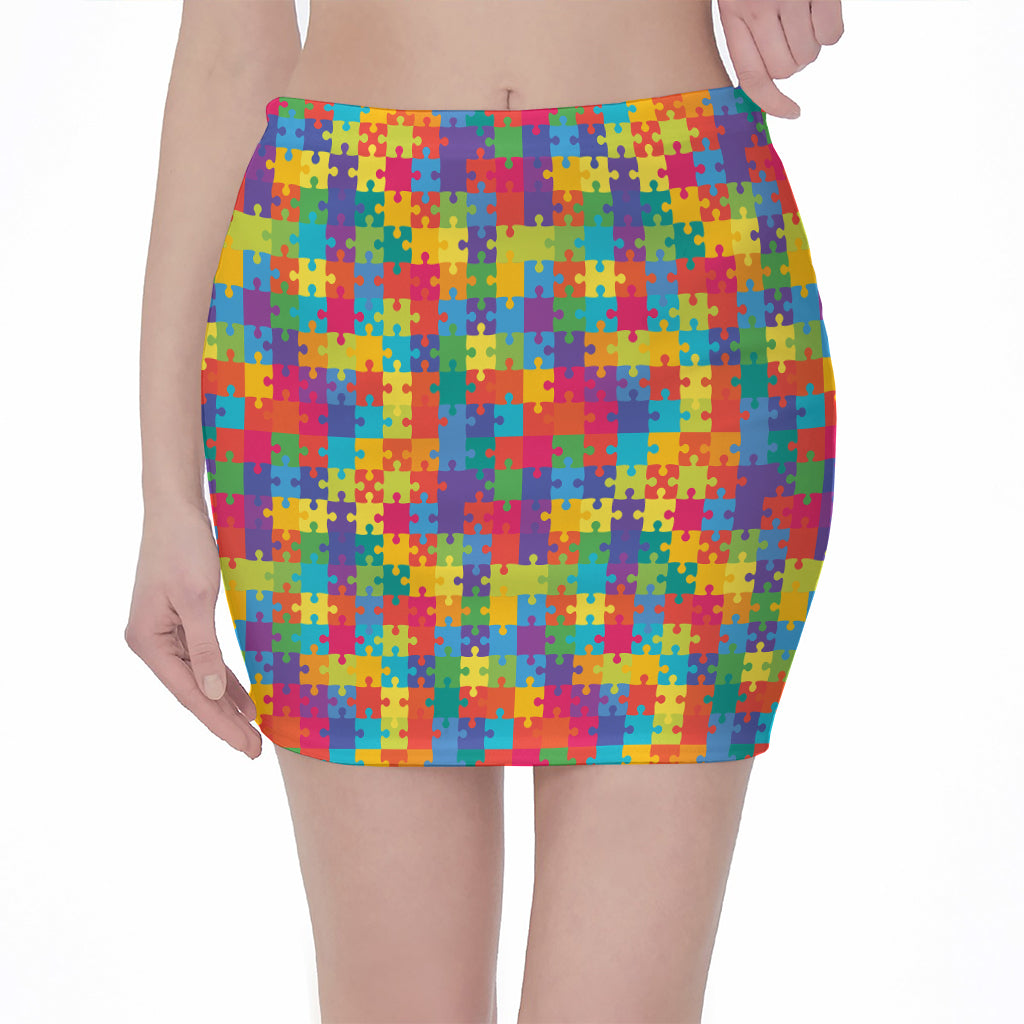 Colorful Autism Awareness Jigsaw Print Pencil Mini Skirt