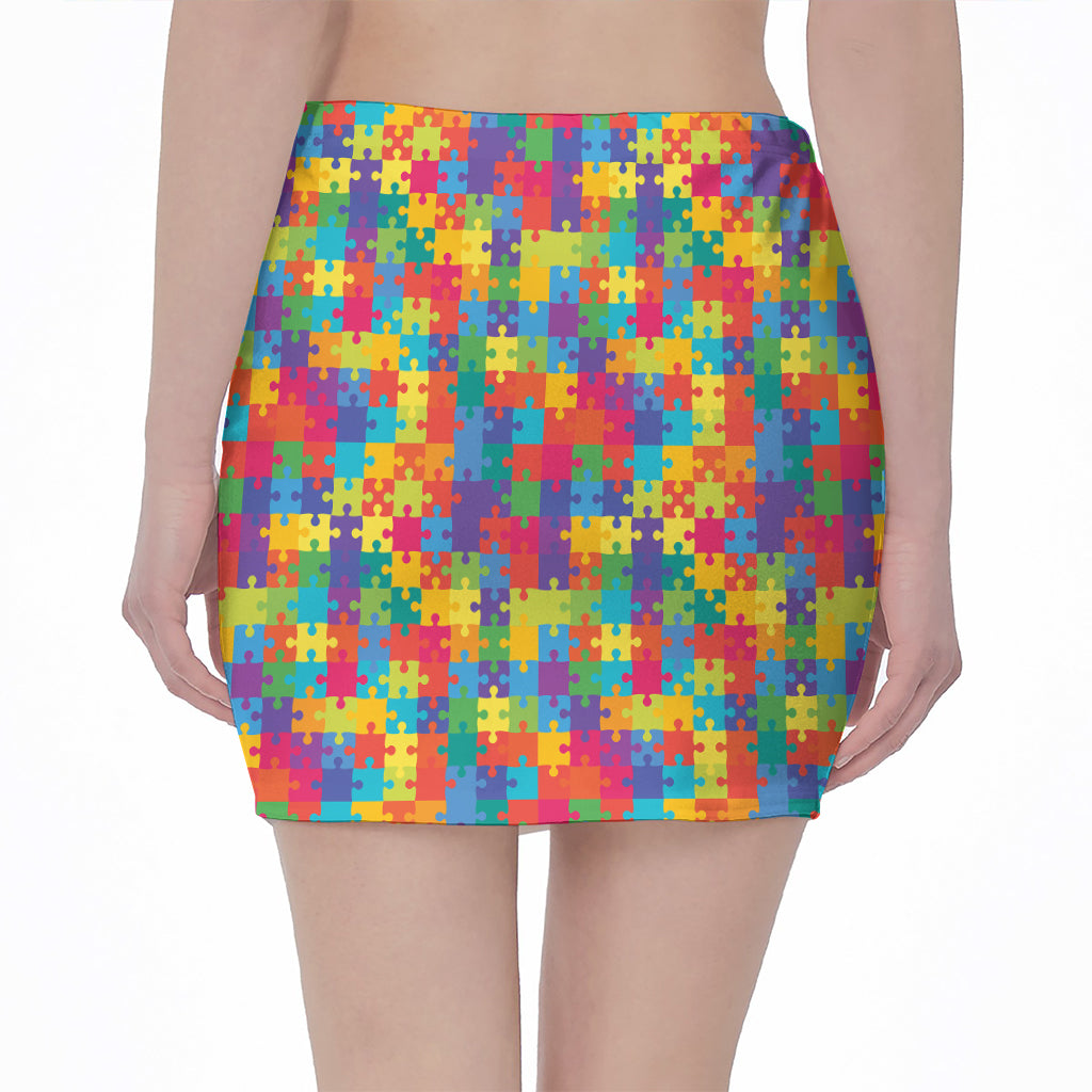 Colorful Autism Awareness Jigsaw Print Pencil Mini Skirt