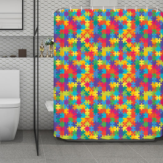 Colorful Autism Awareness Jigsaw Print Polyester Shower Curtain