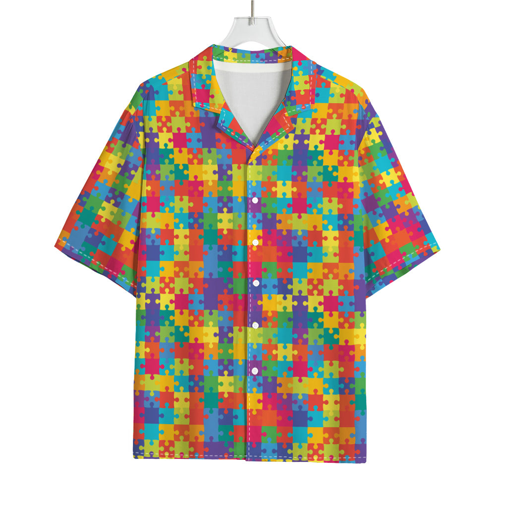 Colorful Autism Awareness Jigsaw Print Rayon Hawaiian Shirt