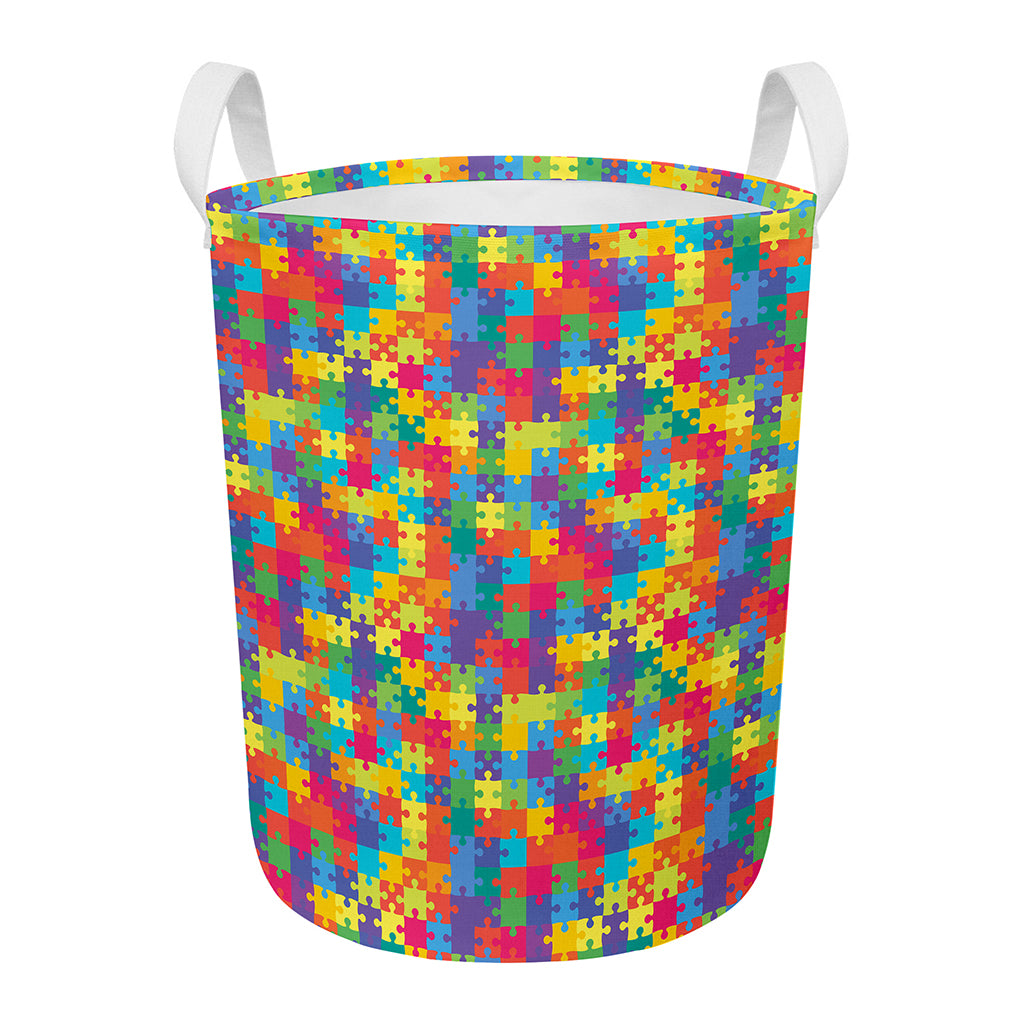 Colorful Autism Awareness Jigsaw Print Round Laundry Basket