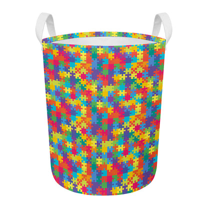Colorful Autism Awareness Jigsaw Print Round Laundry Basket