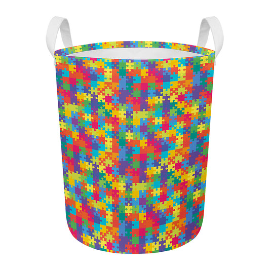 Colorful Autism Awareness Jigsaw Print Round Laundry Basket
