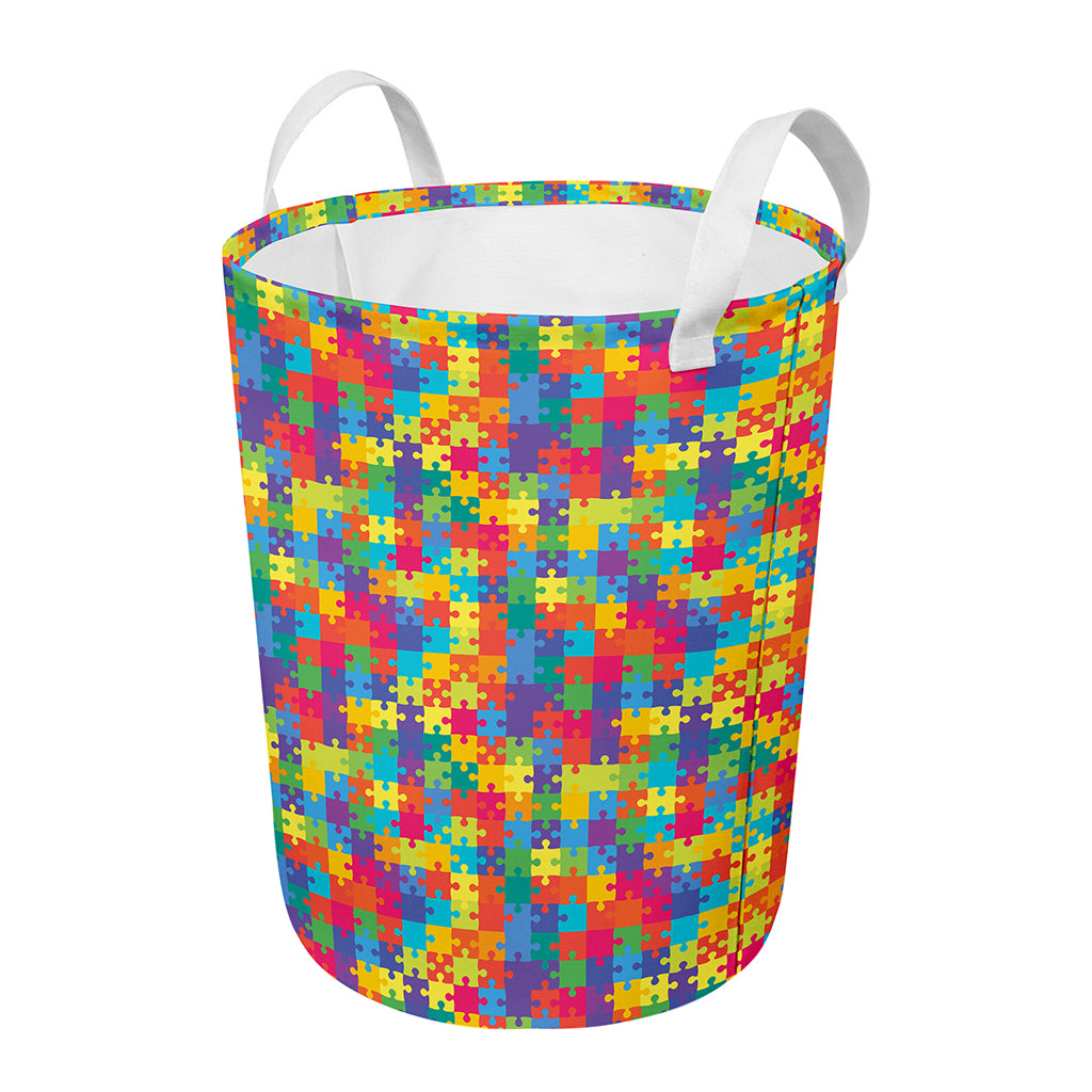 Colorful Autism Awareness Jigsaw Print Round Laundry Basket