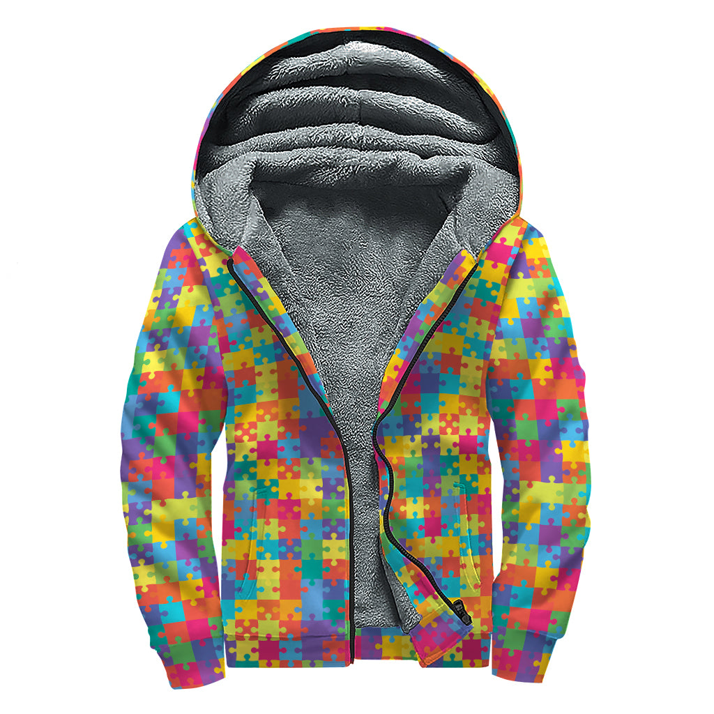 Colorful Autism Awareness Jigsaw Print Sherpa Lined Zip Up Hoodie