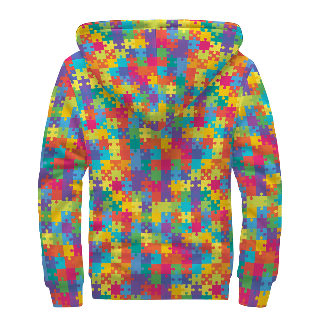 Colorful Autism Awareness Jigsaw Print Sherpa Lined Zip Up Hoodie