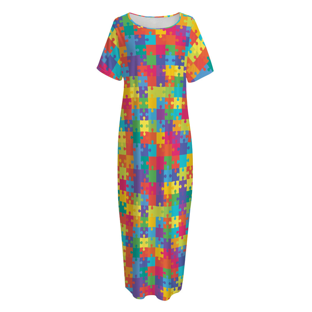 Colorful Autism Awareness Jigsaw Print Short Sleeve Long Nightdress