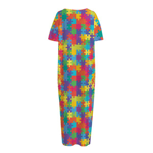 Colorful Autism Awareness Jigsaw Print Short Sleeve Long Nightdress