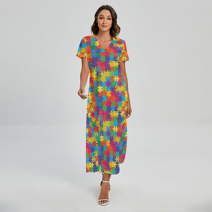 Colorful Autism Awareness Jigsaw Print Short Sleeve Maxi Dress