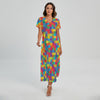 Colorful Autism Awareness Jigsaw Print Short Sleeve Maxi Dress