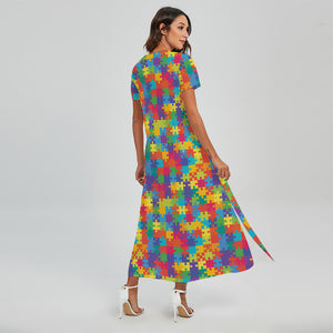 Colorful Autism Awareness Jigsaw Print Short Sleeve Maxi Dress