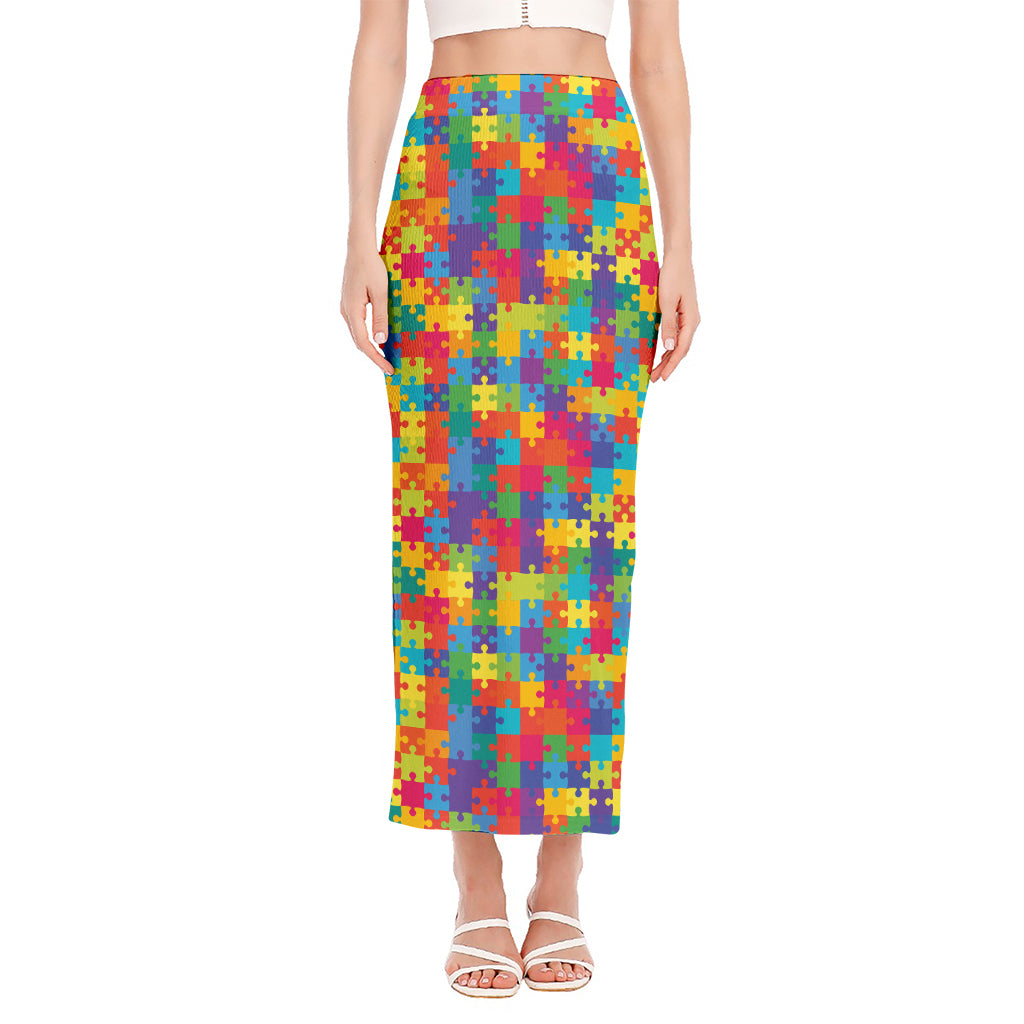 Colorful Autism Awareness Jigsaw Print Side Slit Maxi Skirt