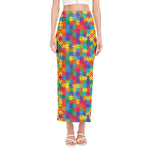 Colorful Autism Awareness Jigsaw Print Side Slit Maxi Skirt