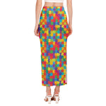 Colorful Autism Awareness Jigsaw Print Side Slit Maxi Skirt