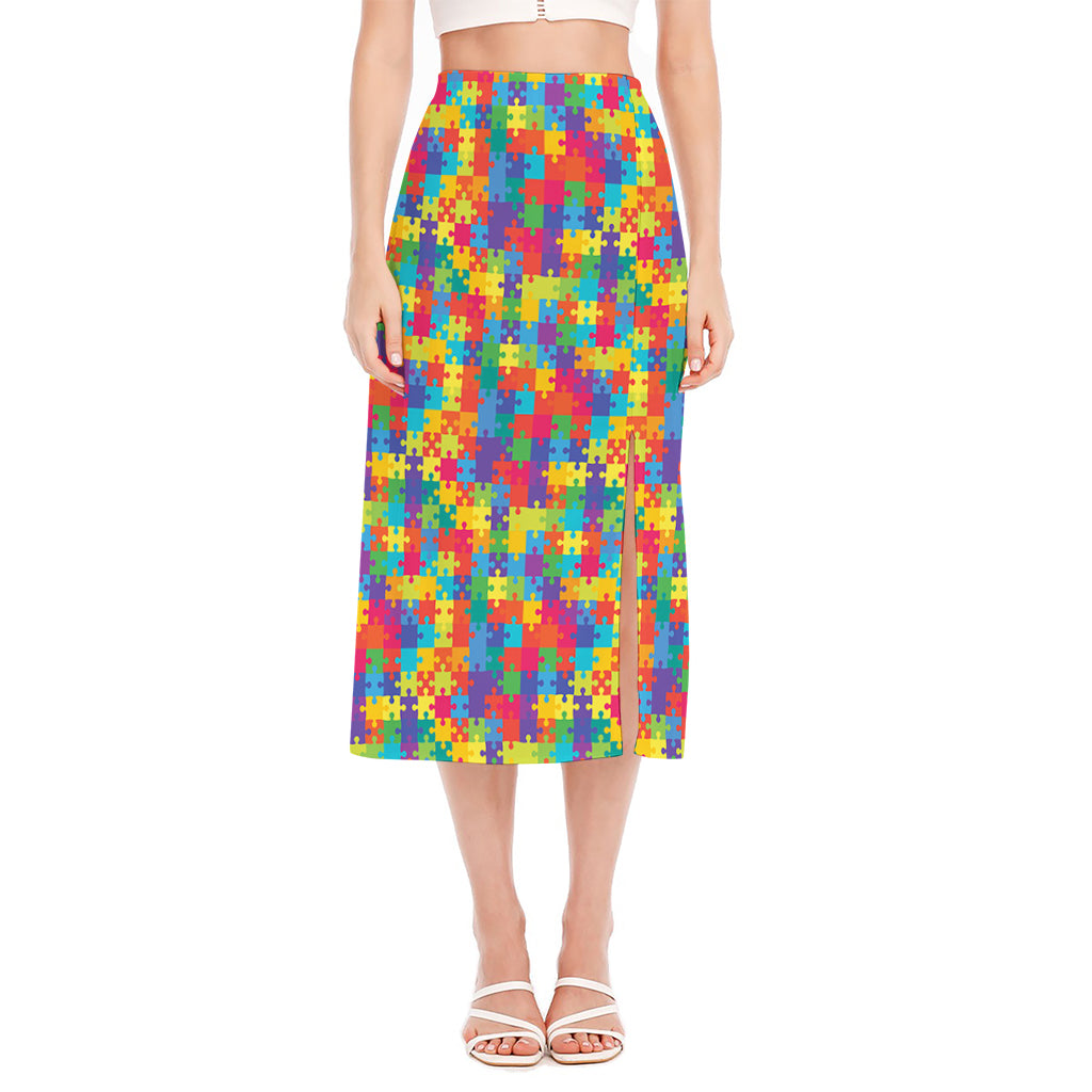 Colorful Autism Awareness Jigsaw Print Side Slit Midi Skirt