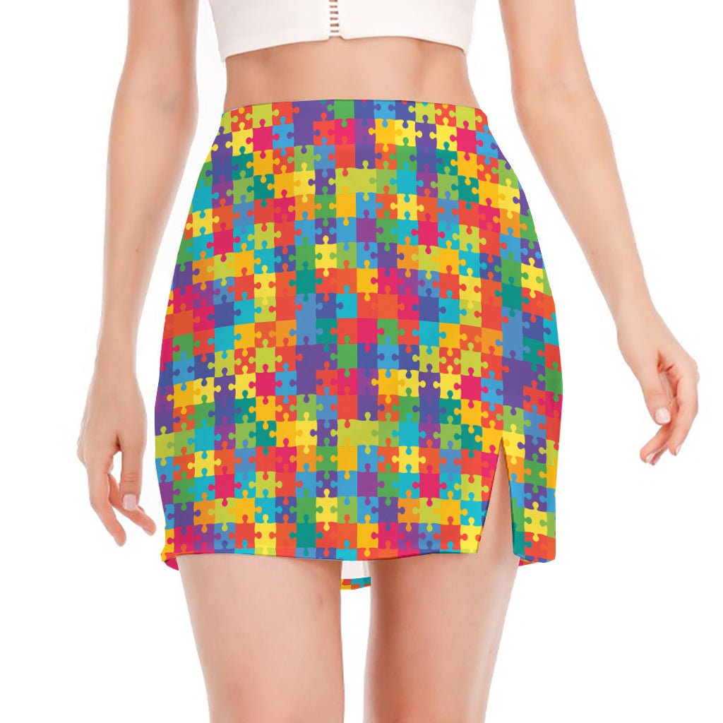 Colorful Autism Awareness Jigsaw Print Side Slit Mini Skirt