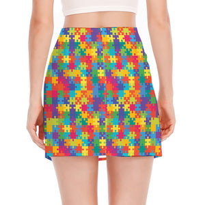 Colorful Autism Awareness Jigsaw Print Side Slit Mini Skirt