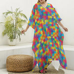 Colorful Autism Awareness Jigsaw Print Silk V-Neck Kaftan Dress