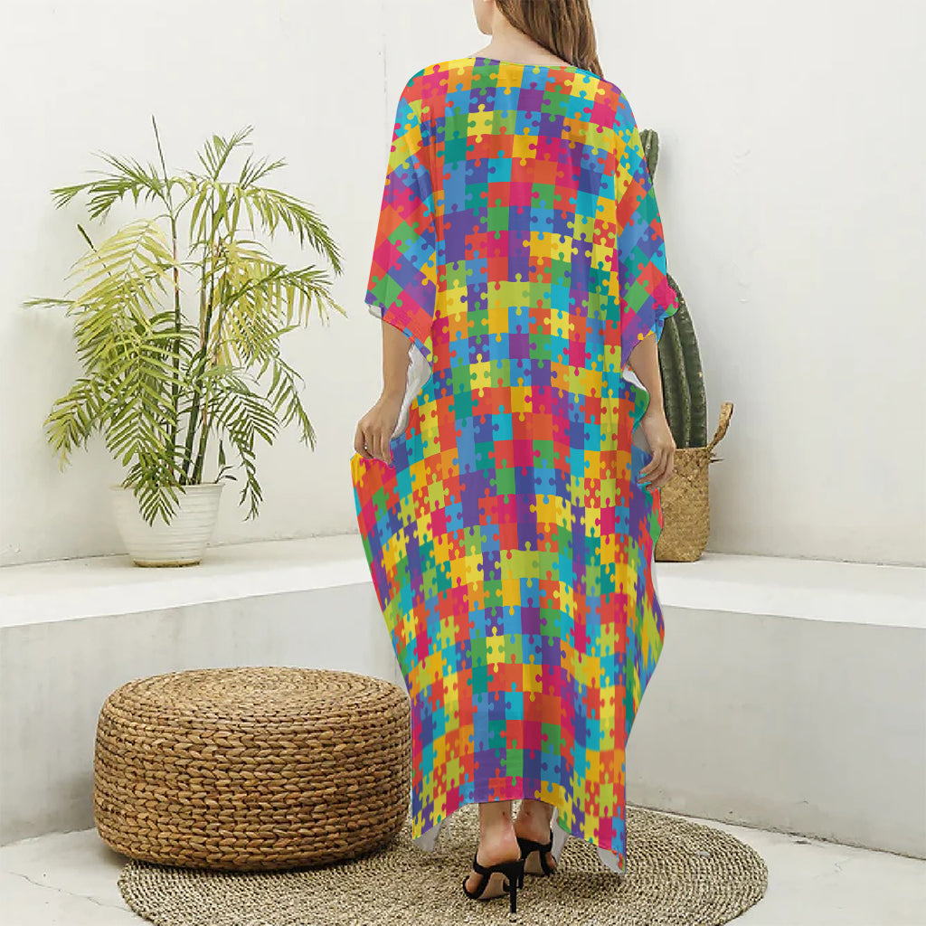 Colorful Autism Awareness Jigsaw Print Silk V-Neck Kaftan Dress