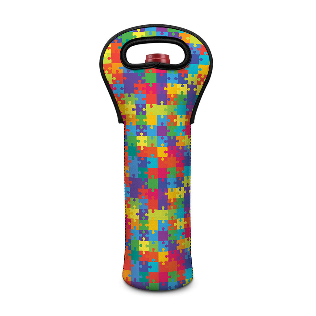 Colorful Autism Awareness Jigsaw Print Single Neoprene Wine Tote