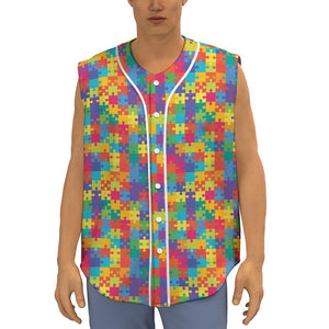 Colorful Autism Awareness Jigsaw Print Sleeveless Baseball Jersey