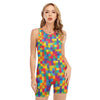 Colorful Autism Awareness Jigsaw Print Sleeveless One Piece Swimsuit