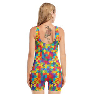 Colorful Autism Awareness Jigsaw Print Sleeveless One Piece Swimsuit