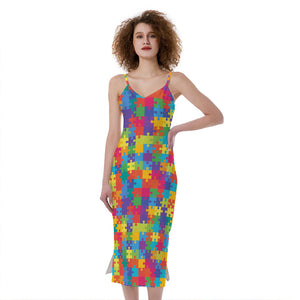 Colorful Autism Awareness Jigsaw Print Slim Fit Midi Cami Dress