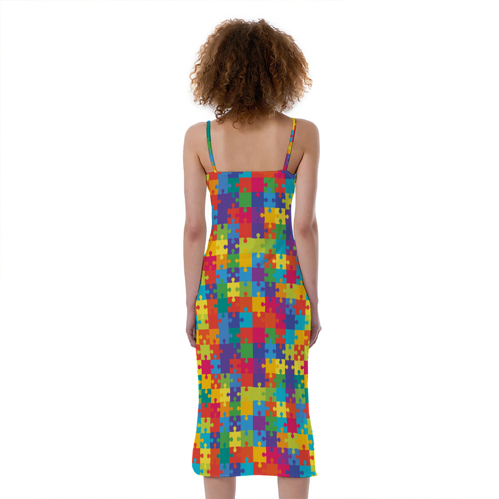 Colorful Autism Awareness Jigsaw Print Slim Fit Midi Cami Dress