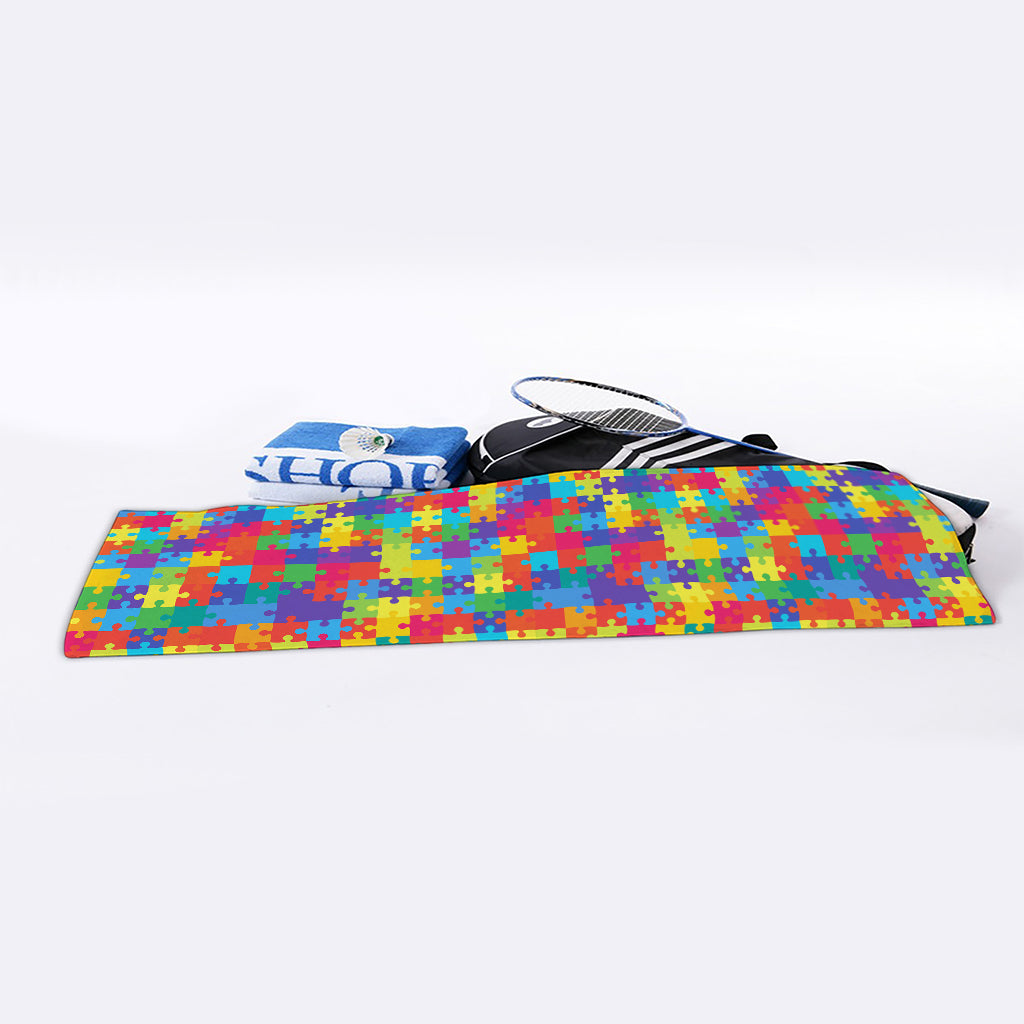 Colorful Autism Awareness Jigsaw Print Sports Towel