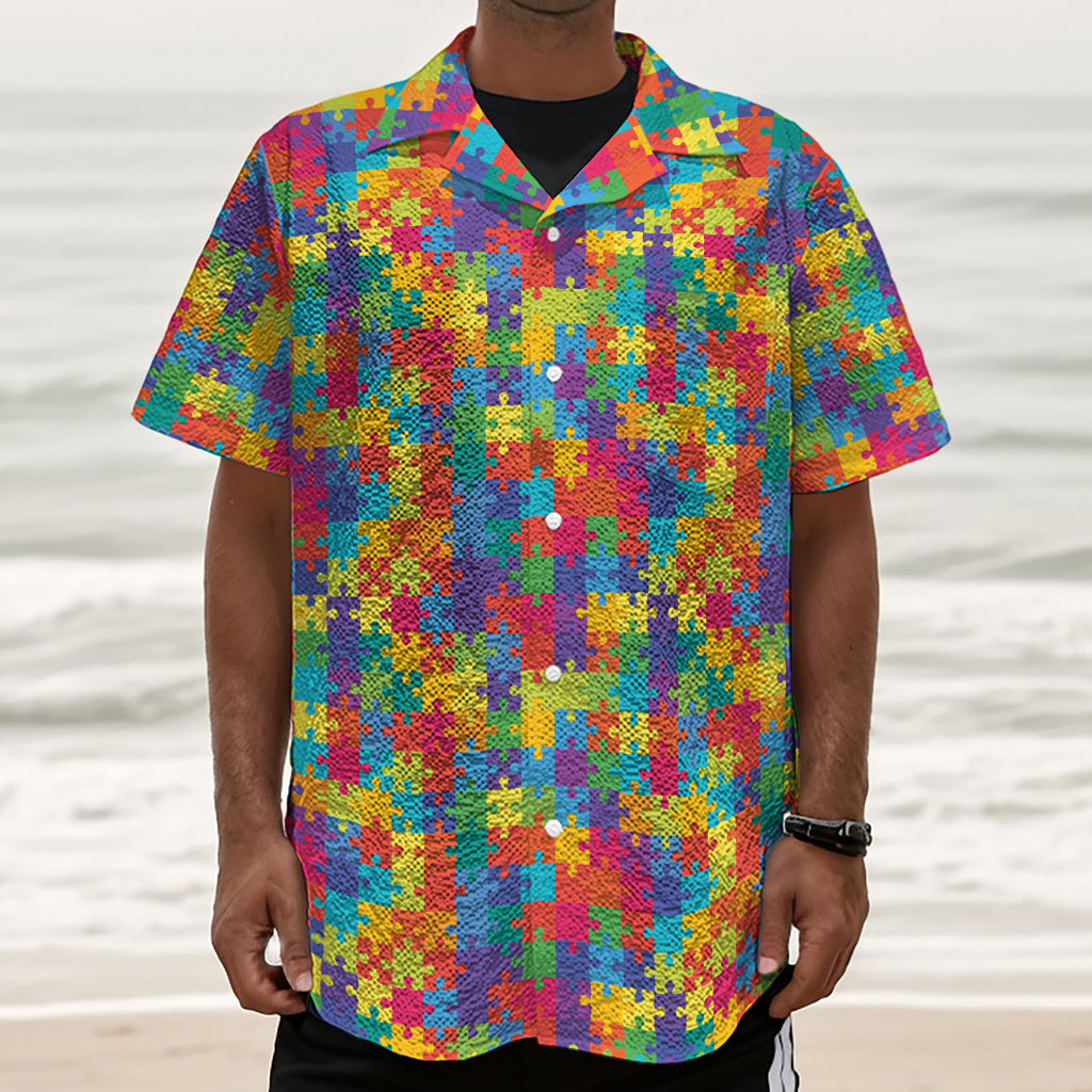 Colorful Autism Awareness Jigsaw Print Textured Short Sleeve Shirt