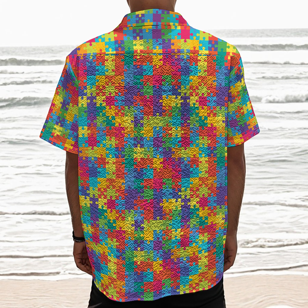 Colorful Autism Awareness Jigsaw Print Textured Short Sleeve Shirt