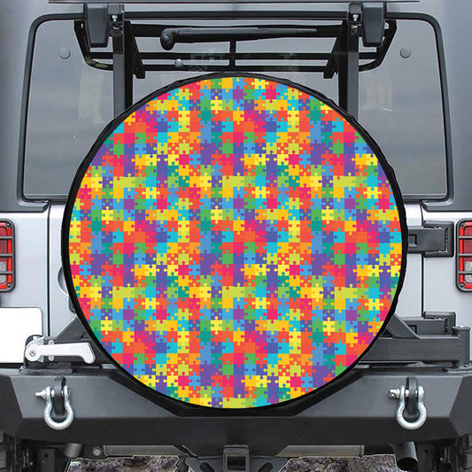 Colorful Autism Awareness Jigsaw Print Tire Cover