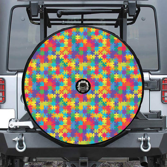 Colorful Autism Awareness Jigsaw Print Tire Cover With Camera Hole