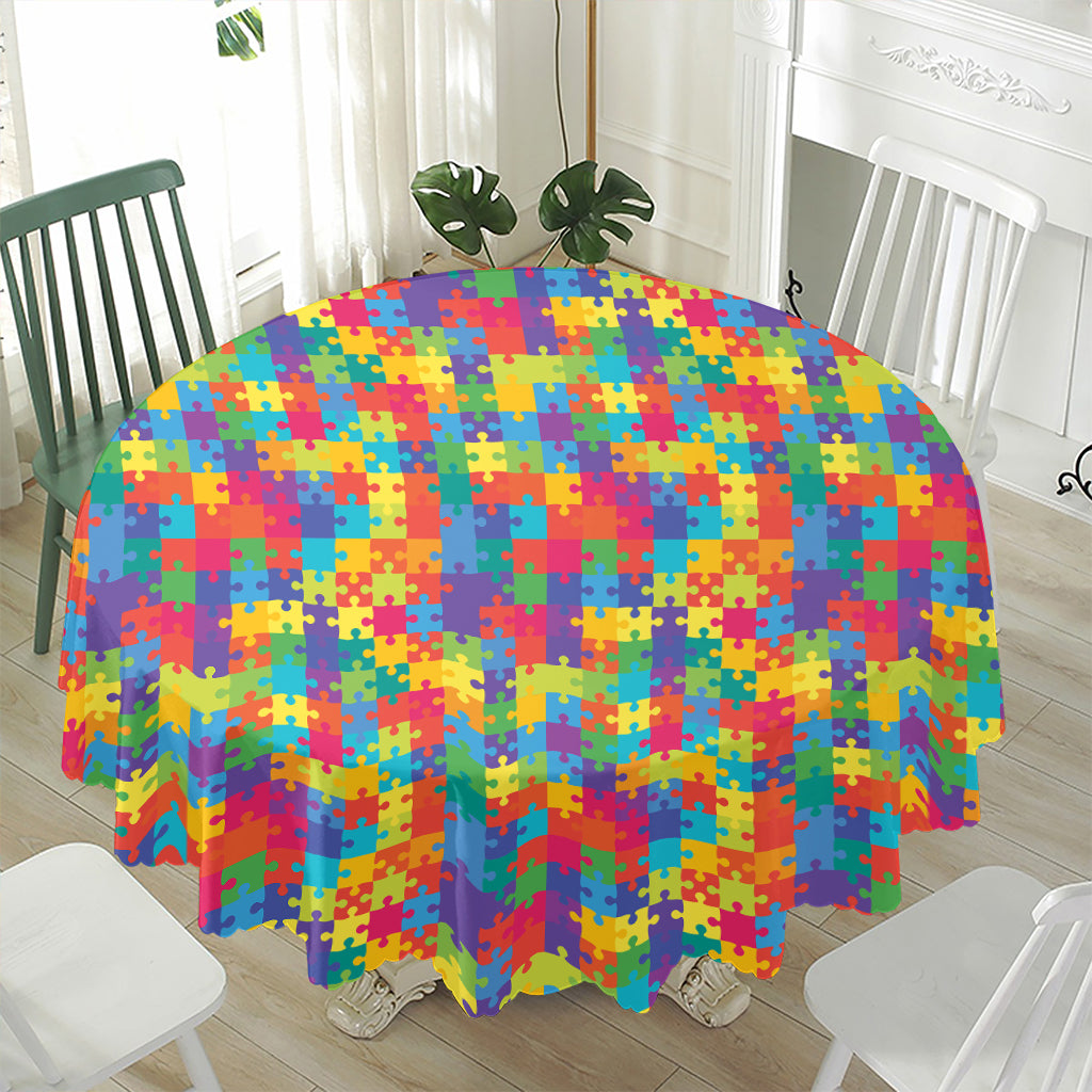 Colorful Autism Awareness Jigsaw Print Waterproof Round Tablecloth