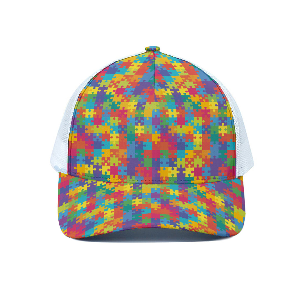 Colorful Autism Awareness Jigsaw Print White Mesh Trucker Cap