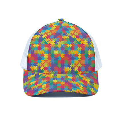 Colorful Autism Awareness Jigsaw Print White Mesh Trucker Cap