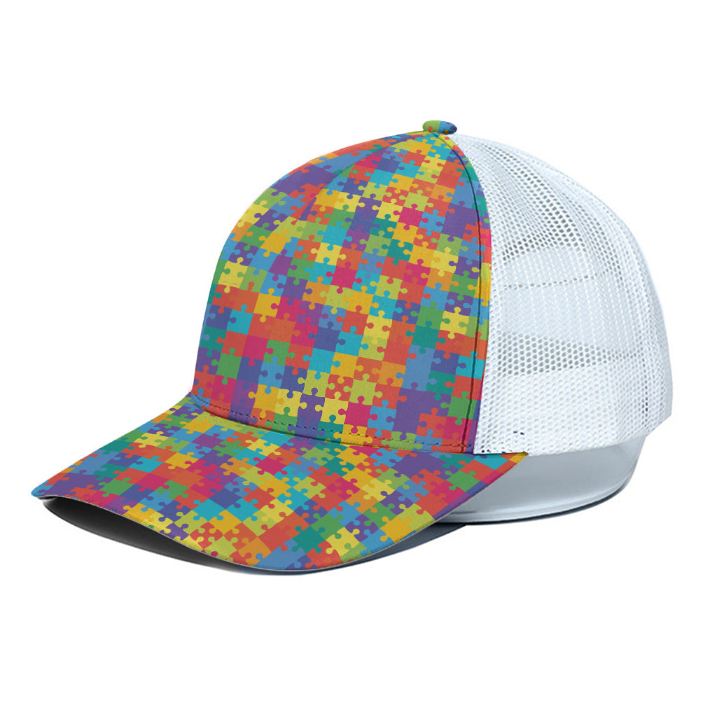 Colorful Autism Awareness Jigsaw Print White Mesh Trucker Cap