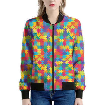 Colorful Autism Awareness Jigsaw Print Women's Bomber Jacket