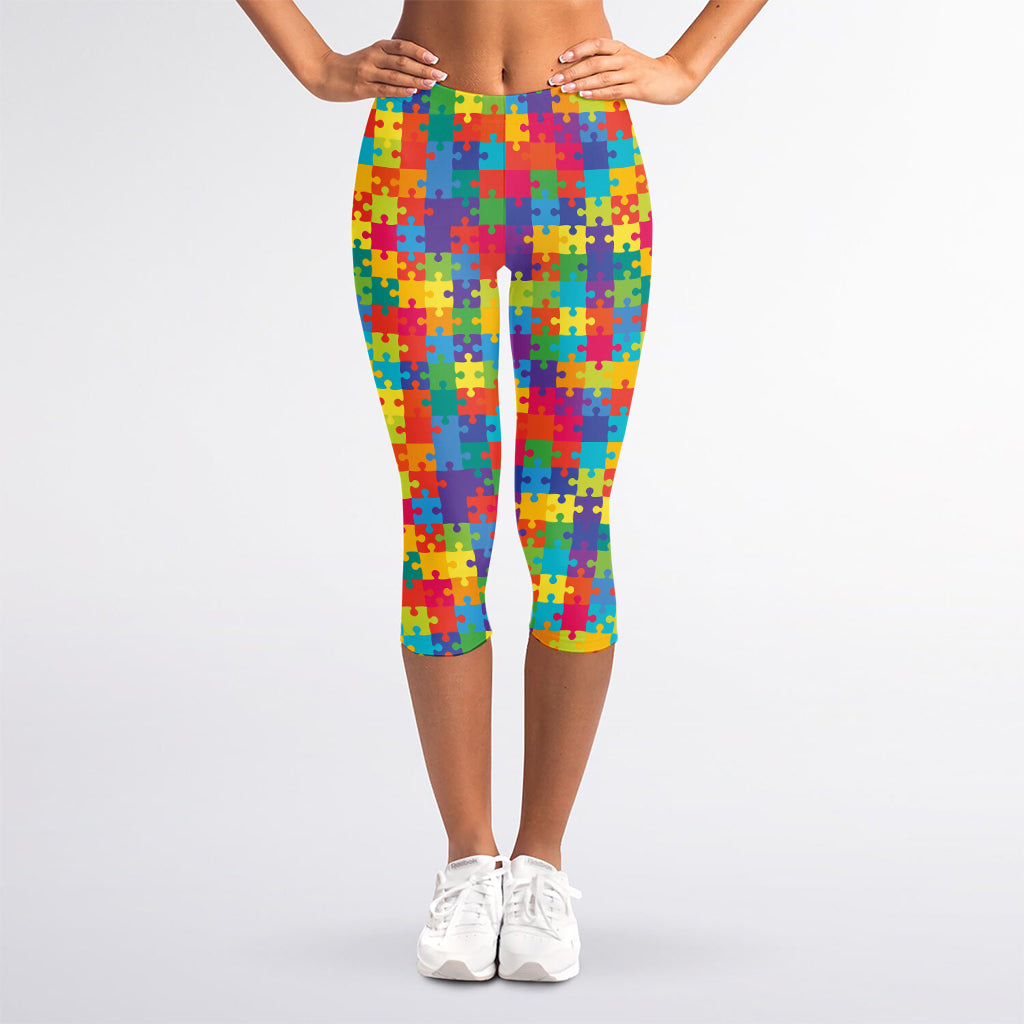 Colorful Autism Awareness Jigsaw Print Women's Capri Leggings