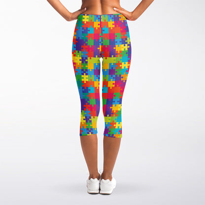 Colorful Autism Awareness Jigsaw Print Women's Capri Leggings