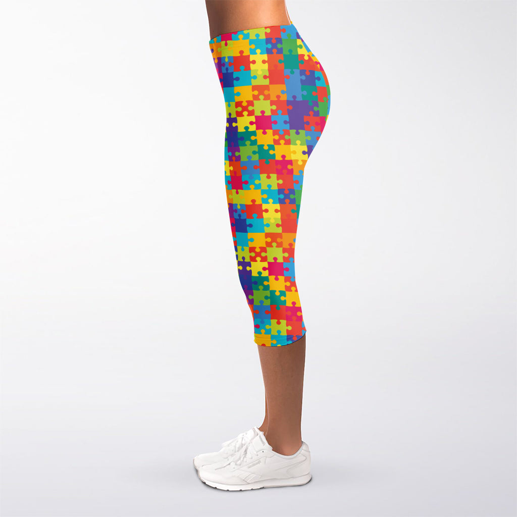 Colorful Autism Awareness Jigsaw Print Women's Capri Leggings