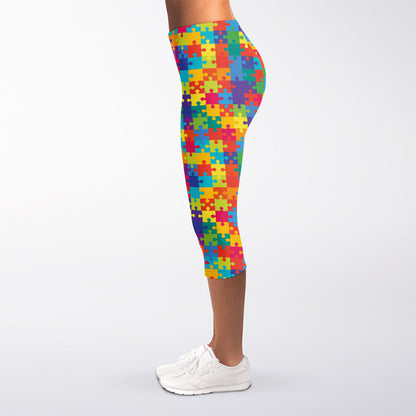 Colorful Autism Awareness Jigsaw Print Women's Capri Leggings