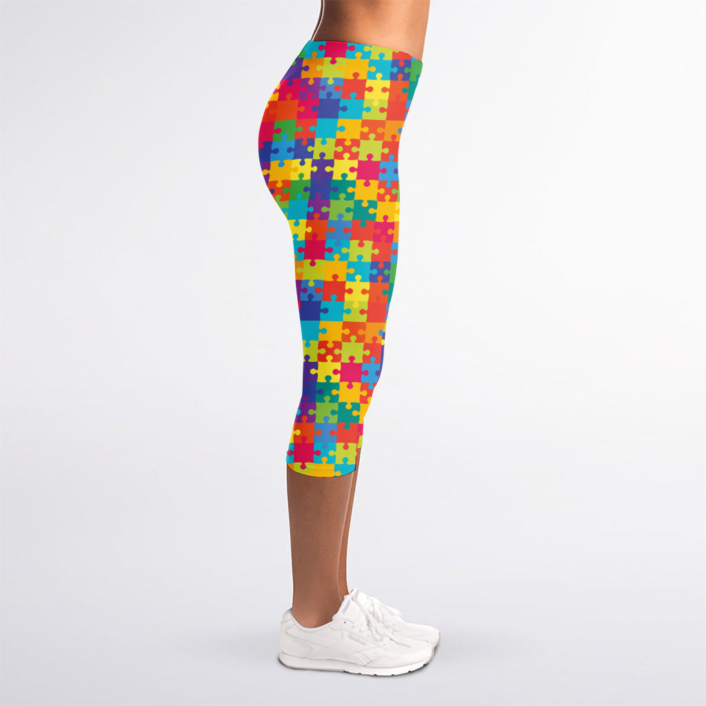 Colorful Autism Awareness Jigsaw Print Women's Capri Leggings
