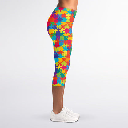 Colorful Autism Awareness Jigsaw Print Women's Capri Leggings