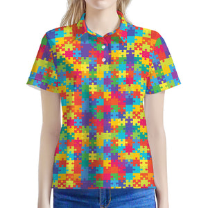 Colorful Autism Awareness Jigsaw Print Women's Polo Shirt