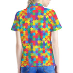 Colorful Autism Awareness Jigsaw Print Women's Polo Shirt