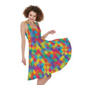Colorful Autism Awareness Jigsaw Print Sleeveless Knee Length Dress