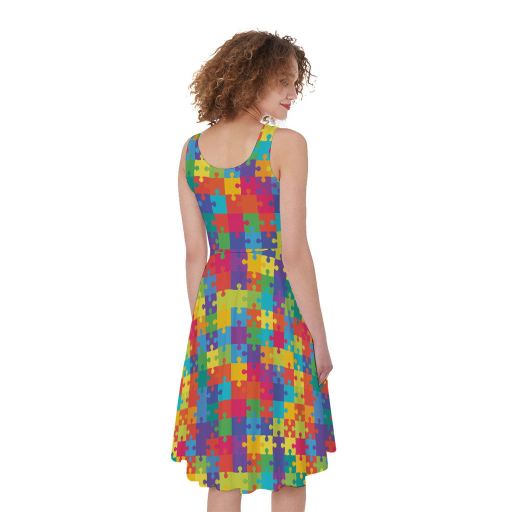 Colorful Autism Awareness Jigsaw Print Women's Sleeveless Dress